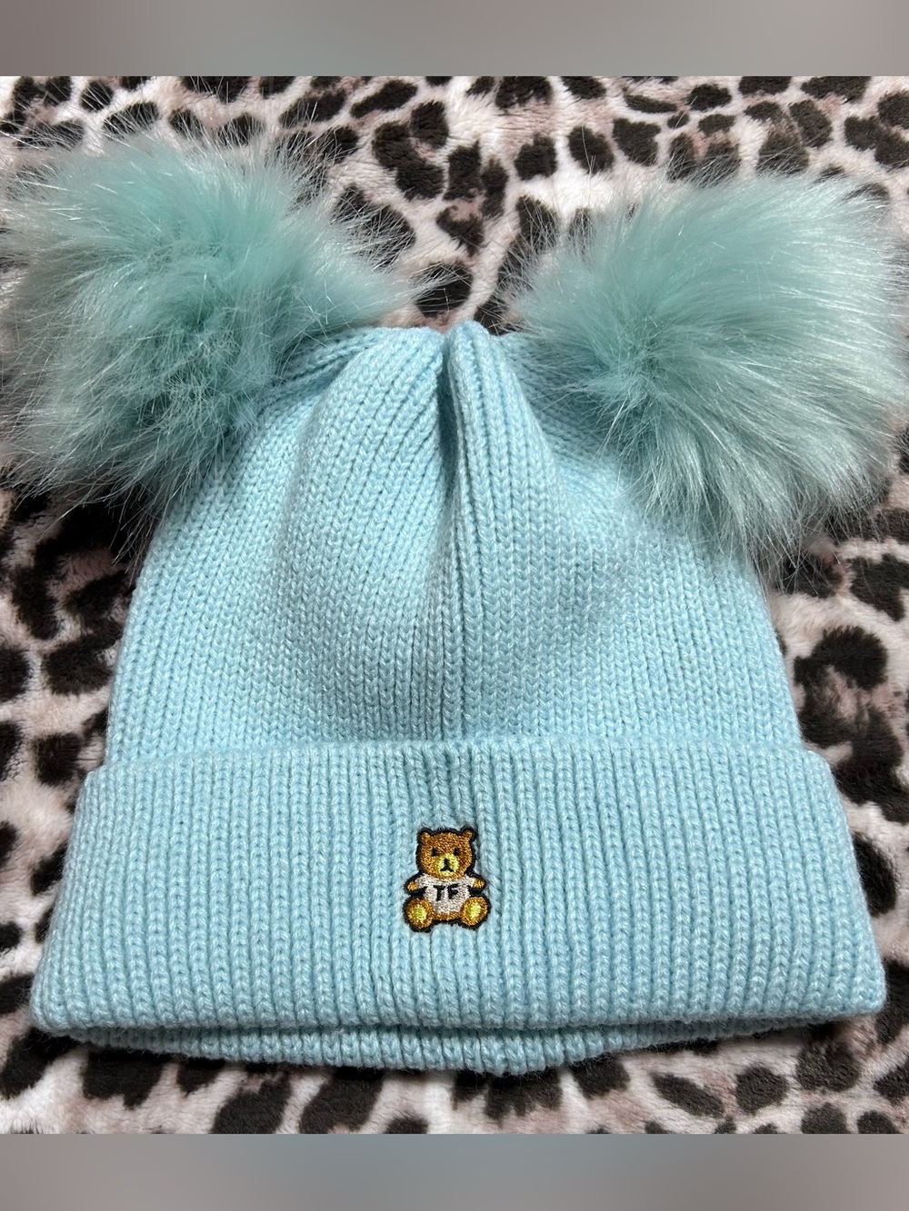 Teddy Fresh Light Blue Knit Double Pom Beanie with Bear Patch
